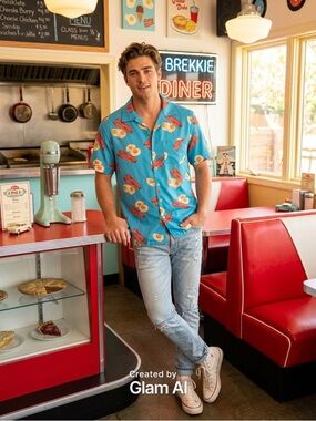 ALOHA Collection Blue Casual Short-Sleeve Button-Down with Breakfast Print